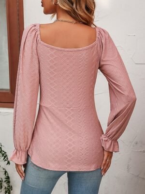 Fashion Regular Fit Solid V Neck Long Sleeve Tunic Blouse - Image 11