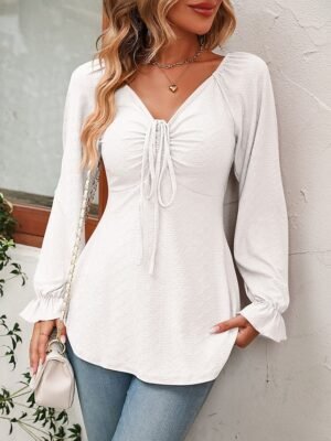 Fashion Regular Fit Solid V Neck Long Sleeve Tunic Blouse - Image 13