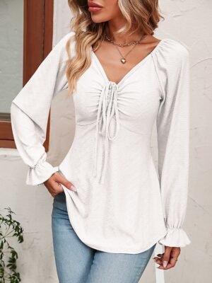 Fashion Regular Fit Solid V Neck Long Sleeve Tunic Blouse - Image 15