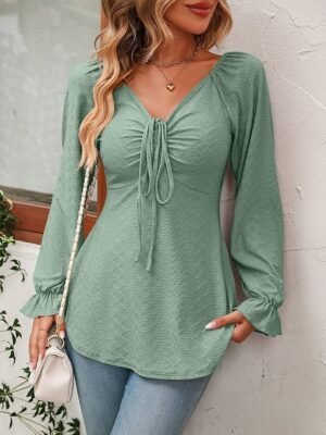 Fashion Regular Fit Solid V Neck Long Sleeve Tunic Blouse - Image 18