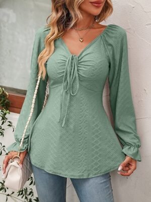 Fashion Regular Fit Solid V Neck Long Sleeve Tunic Blouse - Image 19