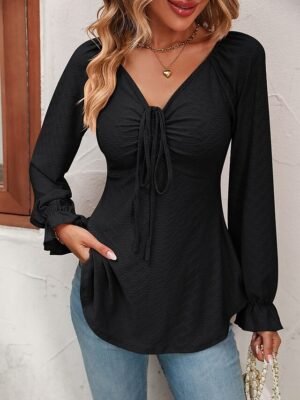 Fashion Regular Fit Solid V Neck Long Sleeve Tunic Blouse - Image 22