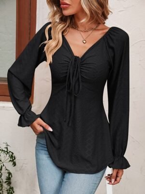 Fashion Regular Fit Solid V Neck Long Sleeve Tunic Blouse - Image 25