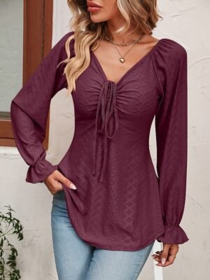 Fashion Regular Fit Solid V Neck Long Sleeve Tunic Blouse - Image 30