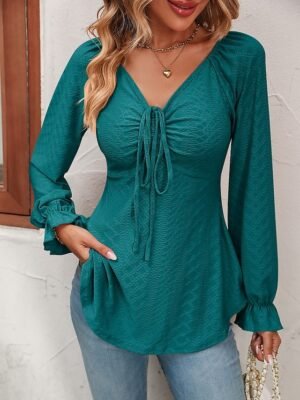 Fashion Regular Fit Solid V Neck Long Sleeve Tunic Blouse - Image 32