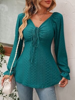 Fashion Regular Fit Solid V Neck Long Sleeve Tunic Blouse - Image 34