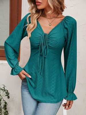 Fashion Regular Fit Solid V Neck Long Sleeve Tunic Blouse - Image 35