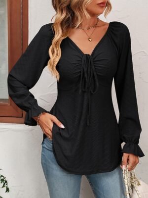 Fashion Regular Fit Solid V Neck Long Sleeve Tunic Blouse - Image 4