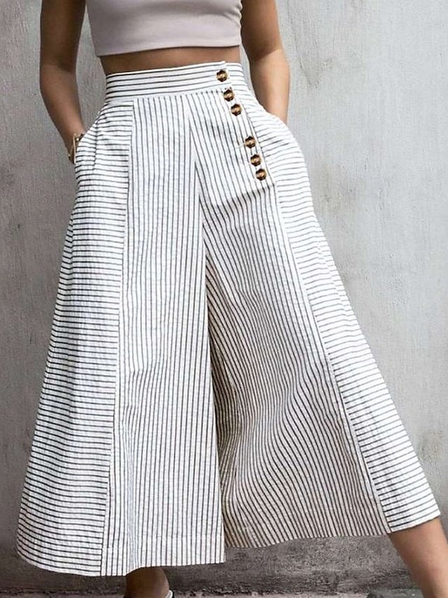 Fashion Regular Fit Striped Elastic Waist Full Length Culottes - Image 1