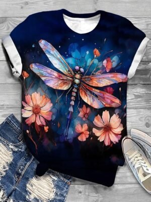 Fashion Regular Floral Round Neck Short Sleeve Tops - Image 3