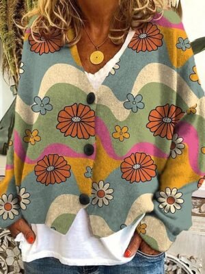 Fashion Regular Floral V Neck Long Sleeve Sweater Cardigan - Image 1