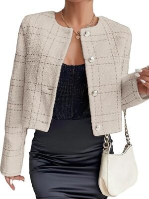 Fashion Regular Plaid Crewneck Long Sleeve Jacket - Image 7