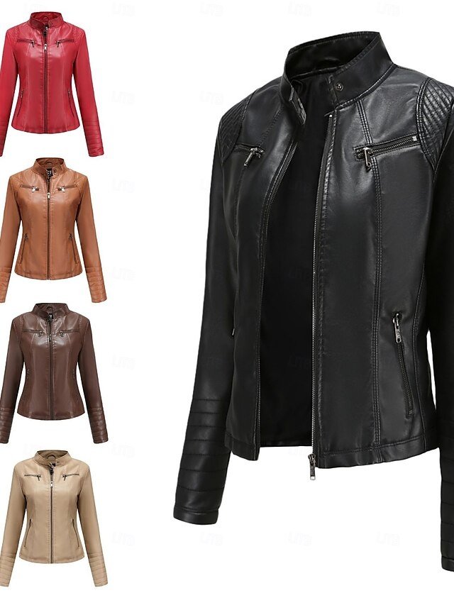Fashion Regular Plain Stand Collar Long Sleeve Faux Leather Jacket - Image 1