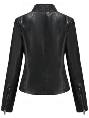 Fashion Regular Plain Stand Collar Long Sleeve Faux Leather Jacket - Image 10