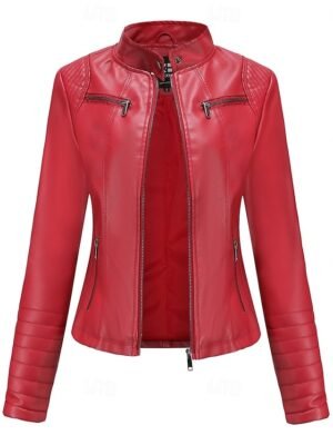 Fashion Regular Plain Stand Collar Long Sleeve Faux Leather Jacket - Image 15