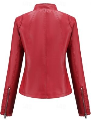 Fashion Regular Plain Stand Collar Long Sleeve Faux Leather Jacket - Image 16