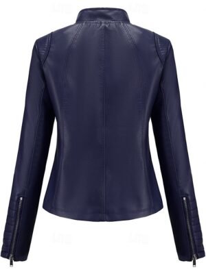 Fashion Regular Plain Stand Collar Long Sleeve Faux Leather Jacket - Image 19