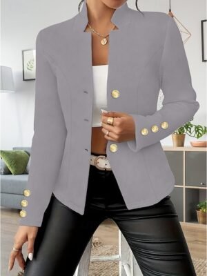 Fashion Regular Plain Stand Collar Long Sleeve Blazer - Image 2