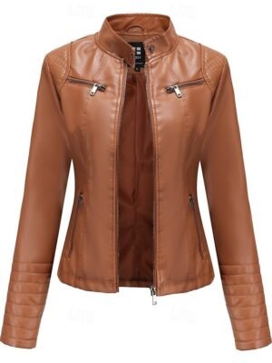 Fashion Regular Plain Stand Collar Long Sleeve Faux Leather Jacket - Image 20