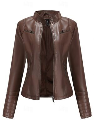 Fashion Regular Plain Stand Collar Long Sleeve Faux Leather Jacket - Image 22