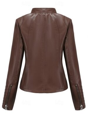 Fashion Regular Plain Stand Collar Long Sleeve Faux Leather Jacket - Image 23