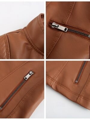 Fashion Regular Plain Stand Collar Long Sleeve Faux Leather Jacket - Image 24