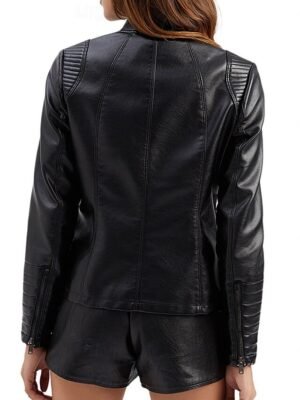 Fashion Regular Plain Stand Collar Long Sleeve Faux Leather Jacket - Image 8