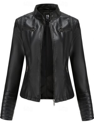 Fashion Regular Plain Stand Collar Long Sleeve Faux Leather Jacket - Image 9