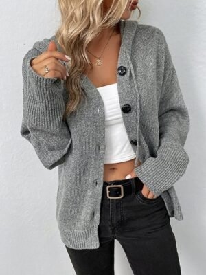 Fashion Regular Solid Hooded Long Sleeve Cardigan - Image 1