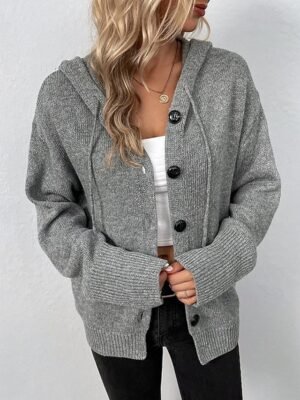 Fashion Regular Solid Hooded Long Sleeve Cardigan - Image 2