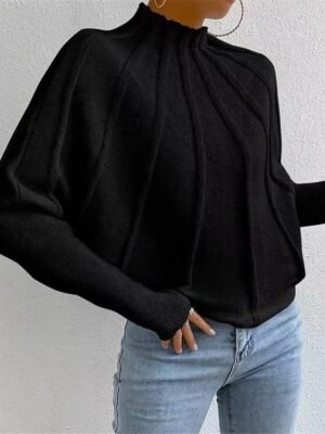 Fashion Regular Solid Mock Neck Batwing Long Sleeve Sweater - Image 6