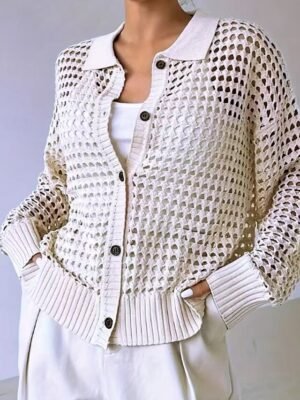 Fashion Regular Solid Shirt Collar Long Sleeve Knit Top - Image 1