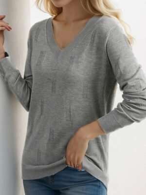 Fashion Regular Solid V Neck Long Sleeve Knit Top - Image 3