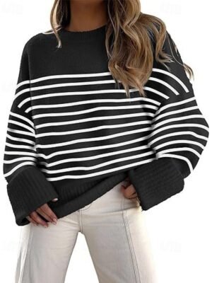 Fashion Regular Striped Crew Neck Long Sleeve Knit Sweater - Image 1