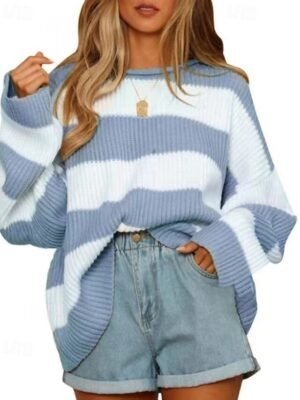 Fashion Regular Striped Crew Neck Long Sleeve Sweater - Image 10