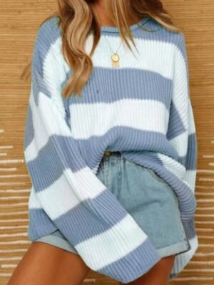 Fashion Regular Striped Crew Neck Long Sleeve Sweater - Image 12