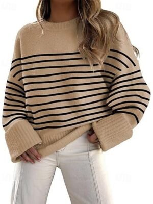 Fashion Regular Striped Crew Neck Long Sleeve Knit Sweater - Image 2