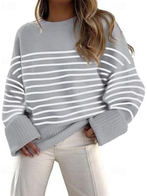 Fashion Regular Striped Crew Neck Long Sleeve Knit Sweater - Image 3