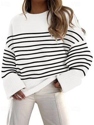 Fashion Regular Striped Crew Neck Long Sleeve Knit Sweater - Image 4