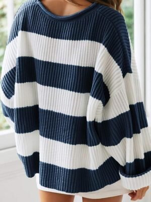 Fashion Regular Striped Crew Neck Long Sleeve Sweater - Image 4