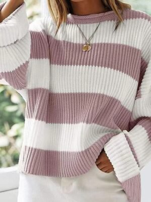 Fashion Regular Striped Crew Neck Long Sleeve Sweater - Image 5