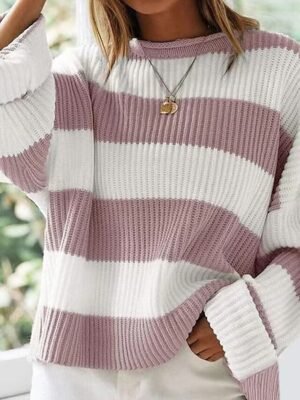 Fashion Regular Striped Crew Neck Long Sleeve Sweater - Image 6
