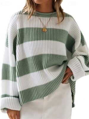 Fashion Regular Striped Crew Neck Long Sleeve Sweater - Image 8