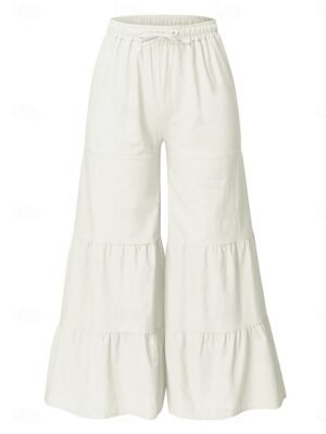 Fashion Regular Wide Leg Plain High Waist Full Length Chinos - Image 5