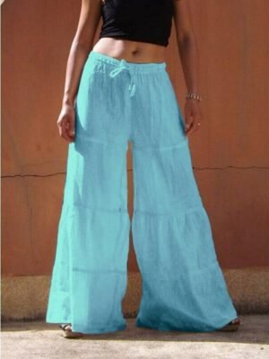 Fashion Regular Wide Leg Plain High Waist Full Length Chinos - Image 9