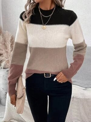 Fashion Streetwear Colour Block Turtleneck Long Sleeve Regular Knit Top - Image 1