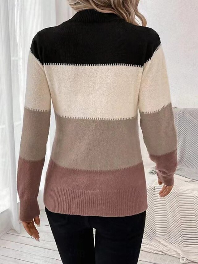 Fashion Streetwear Colour Block Turtleneck Long Sleeve Regular Knit Top - Image 2