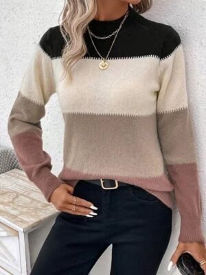 Fashion Streetwear Colour Block Turtleneck Long Sleeve Regular Knit Top - Image 3