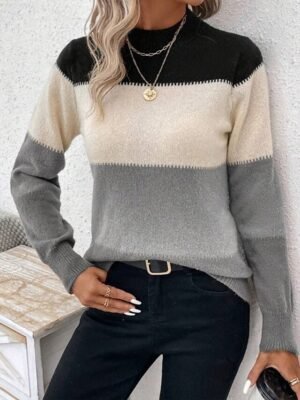 Fashion Streetwear Colour Block Turtleneck Long Sleeve Regular Knit Top - Image 5