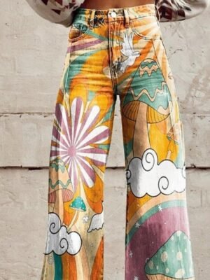 Fashion Streetwear Full Length Natural Flower Pocket Slacks - Image 2